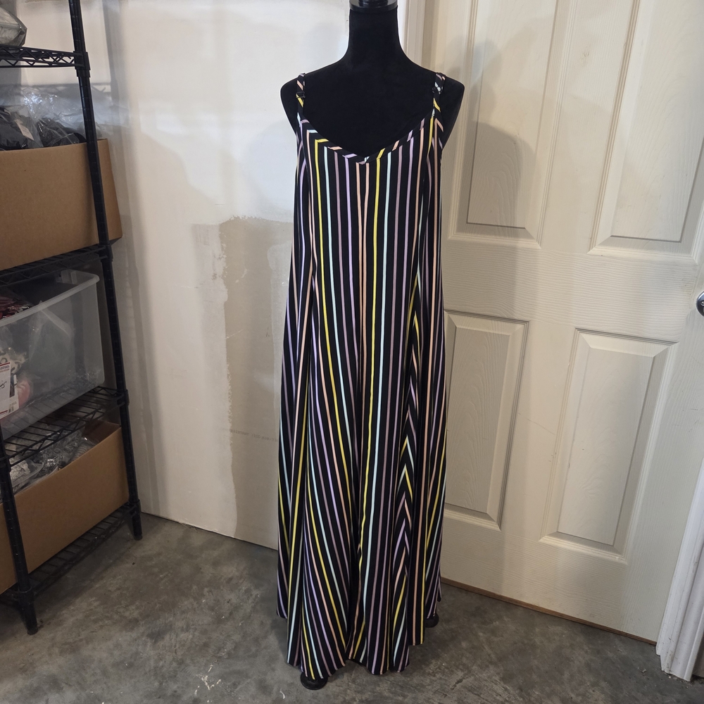 Torrid Black Maxi Slip Dress with Yellow, Pink & Blue Stripes Slinky Full Boho